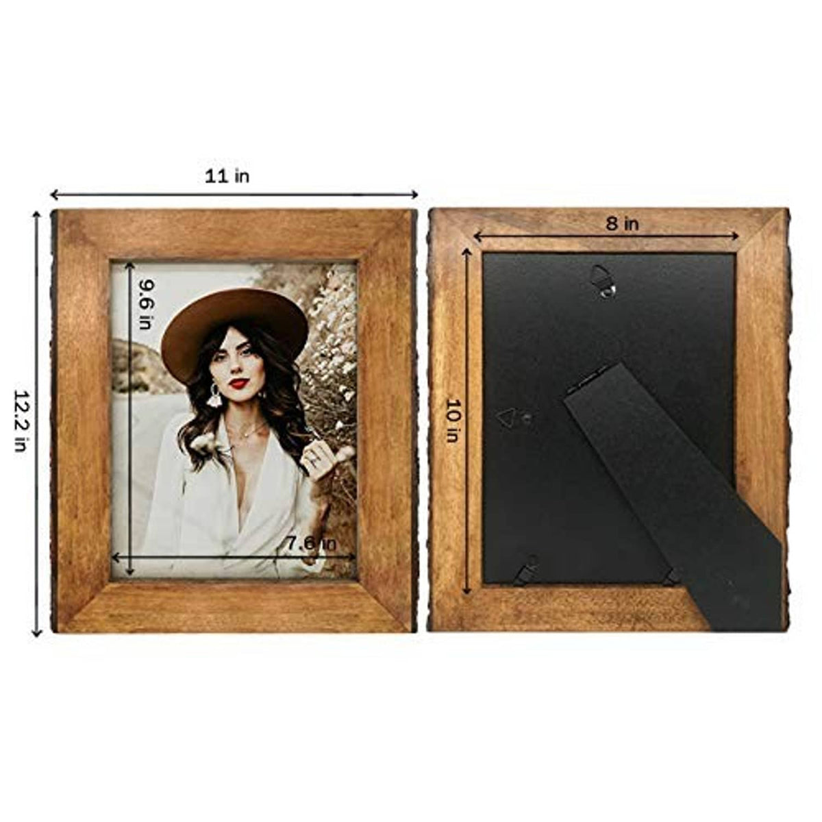 Wood picture frame with bark edges, showing size diagram for 8x10 photos