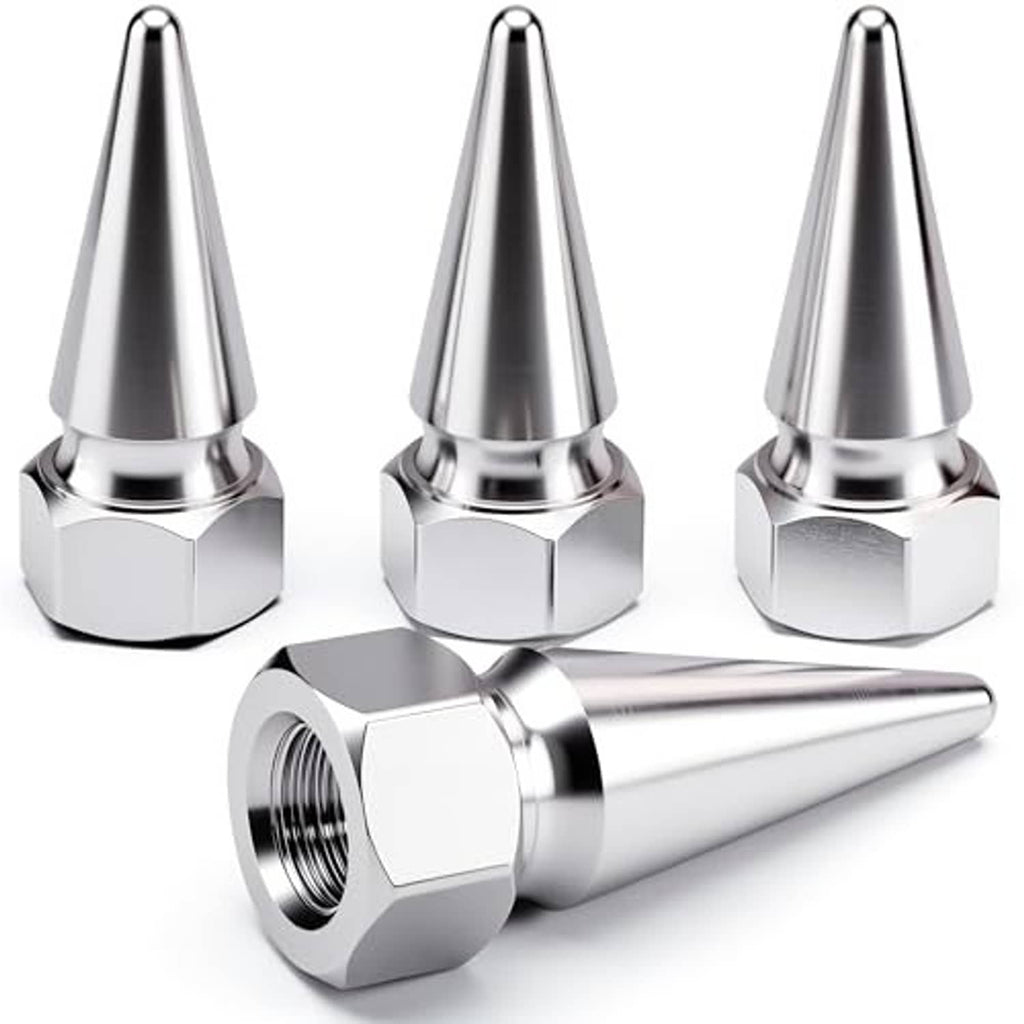 Set of 4 silver spiked tire valve stem caps with hex base