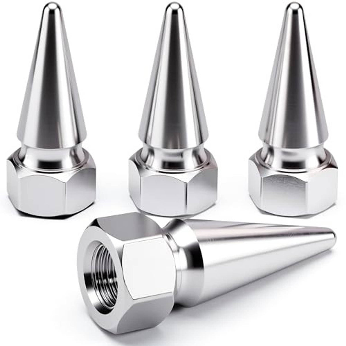 Set of 4 silver spiked tire valve stem caps with hex base