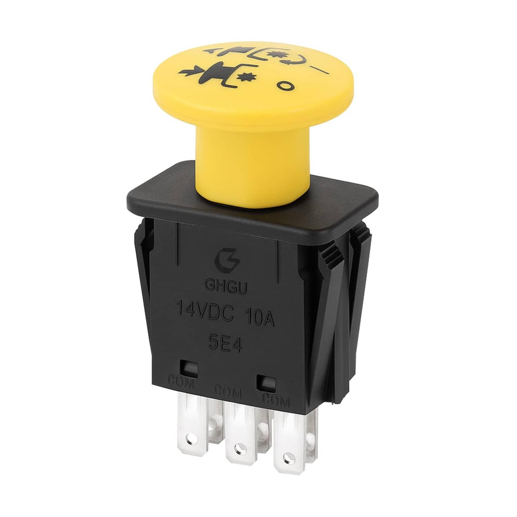 Yellow-topped PTO switch with black housing and four metal pin terminals