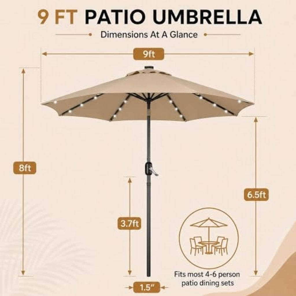 Tan patio umbrella with LED light strips; view shows 9 ft canopy over center pole