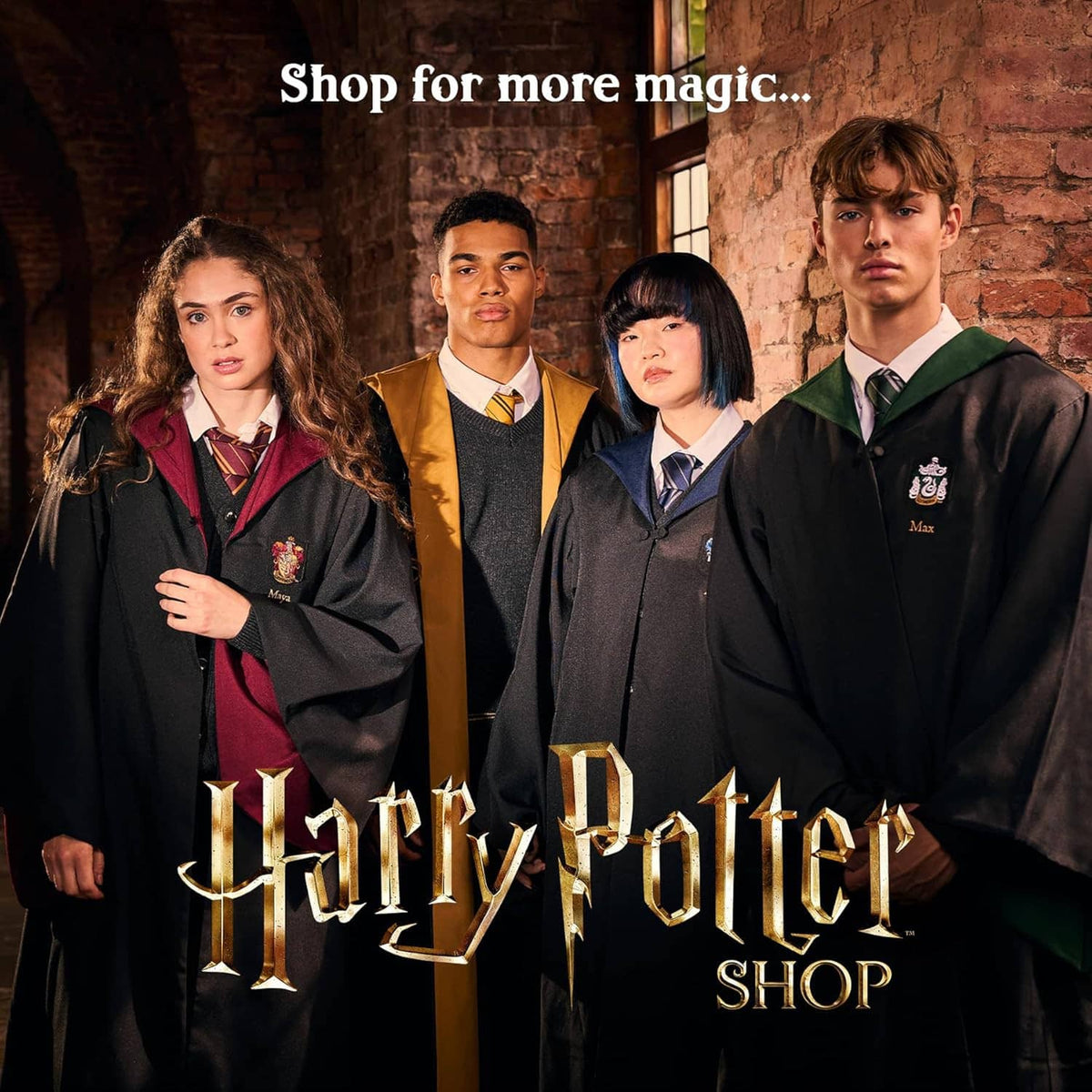 Students in school robes holding wands in a magical storefront scene