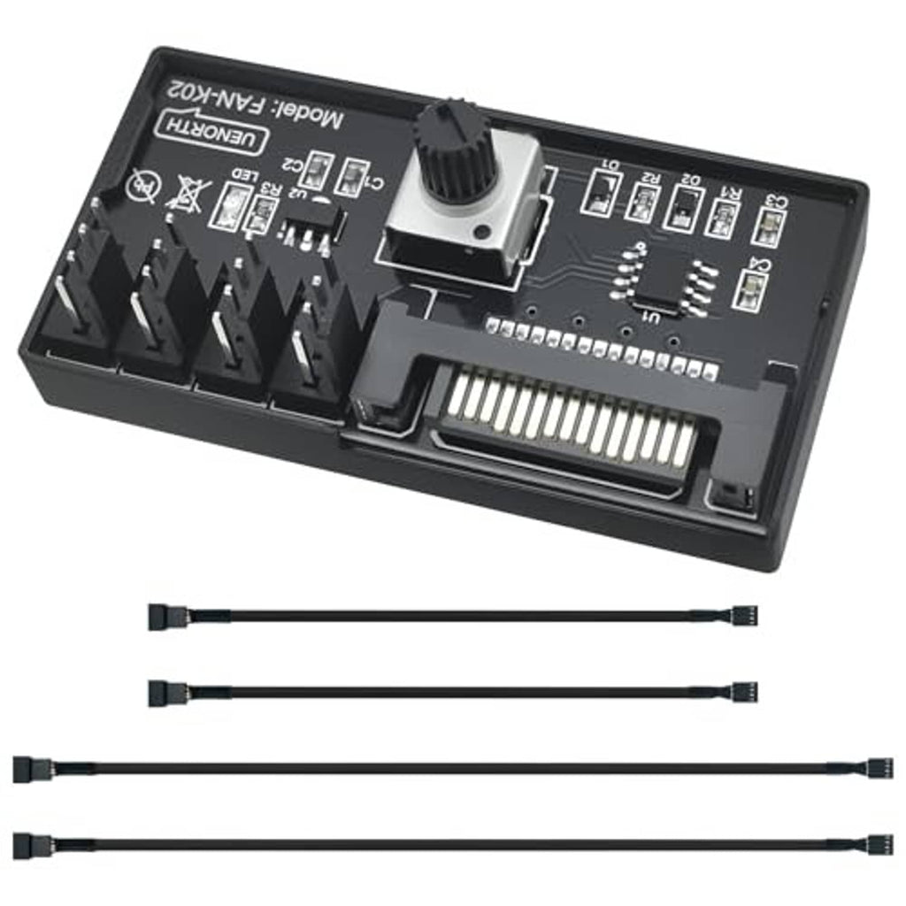 PC fan speed controller hub with four-pin fan connectors and included 4-pin extension cables