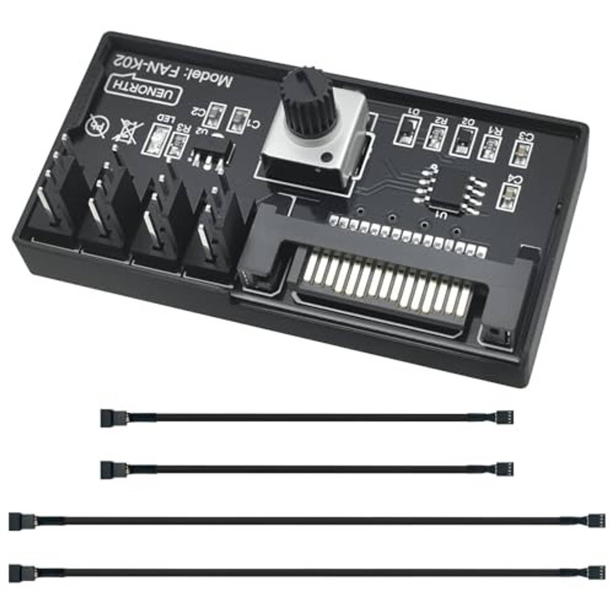 PC fan speed controller hub with four-pin fan connectors and included 4-pin extension cables