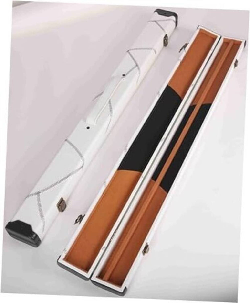 Single billiard pool cue hard case with hinged lid, white exterior and tan interior