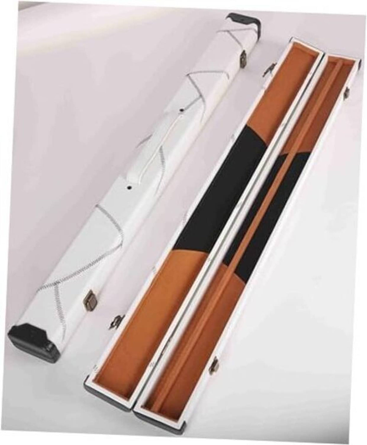 Single billiard pool cue hard case with hinged lid, white exterior and tan interior