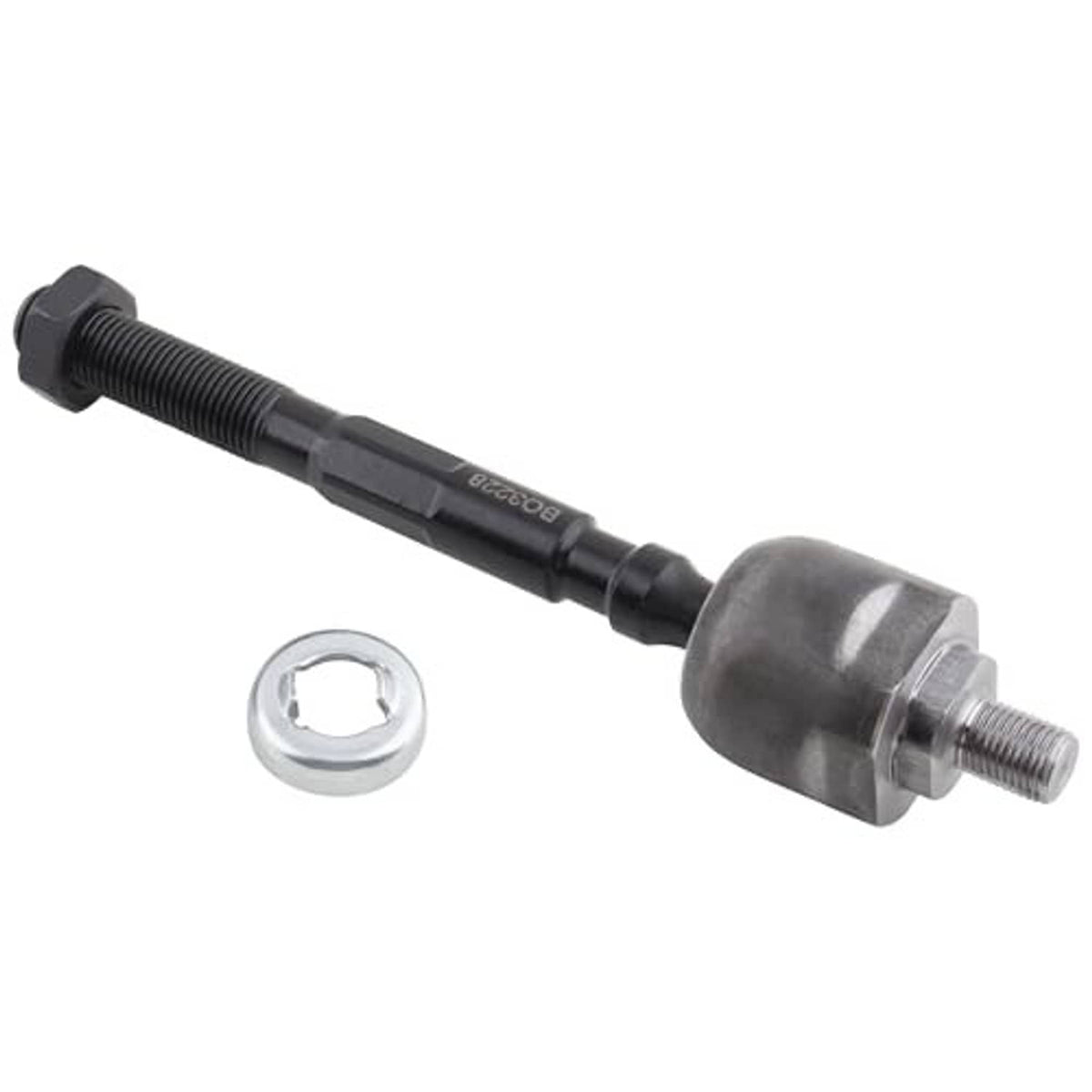 Single tie rod end with black threaded shaft, silver housing, and hex socket hardware