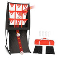 Black pitching practice net with red numbered target pockets and automatic ball return chute