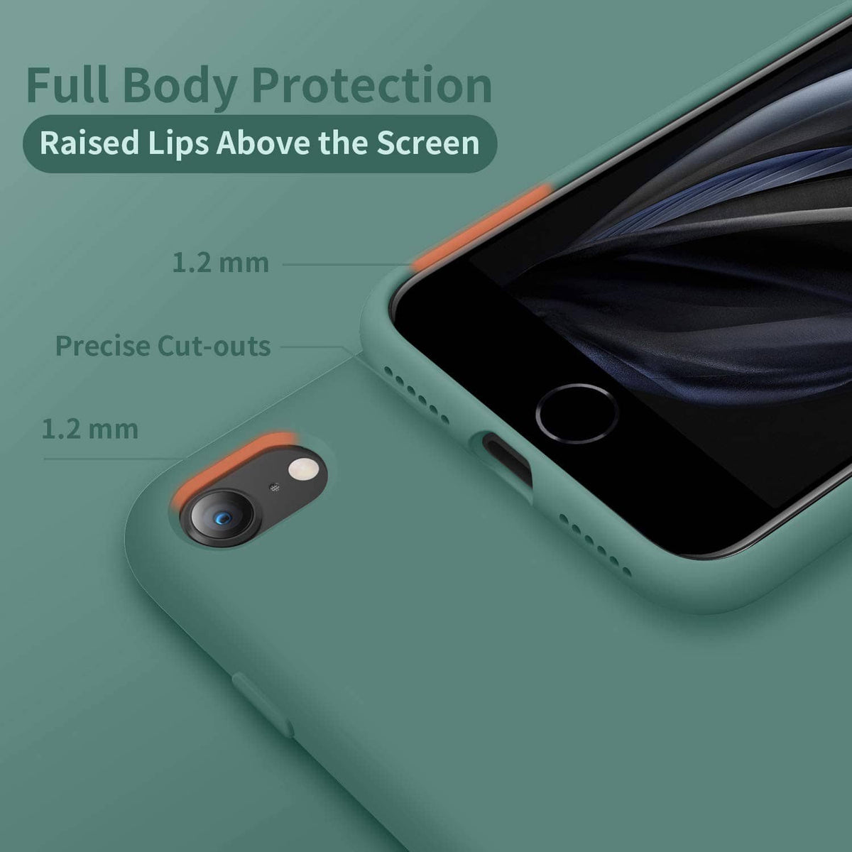 Midnight green iPhone case corner view with raised edges and precise cutouts