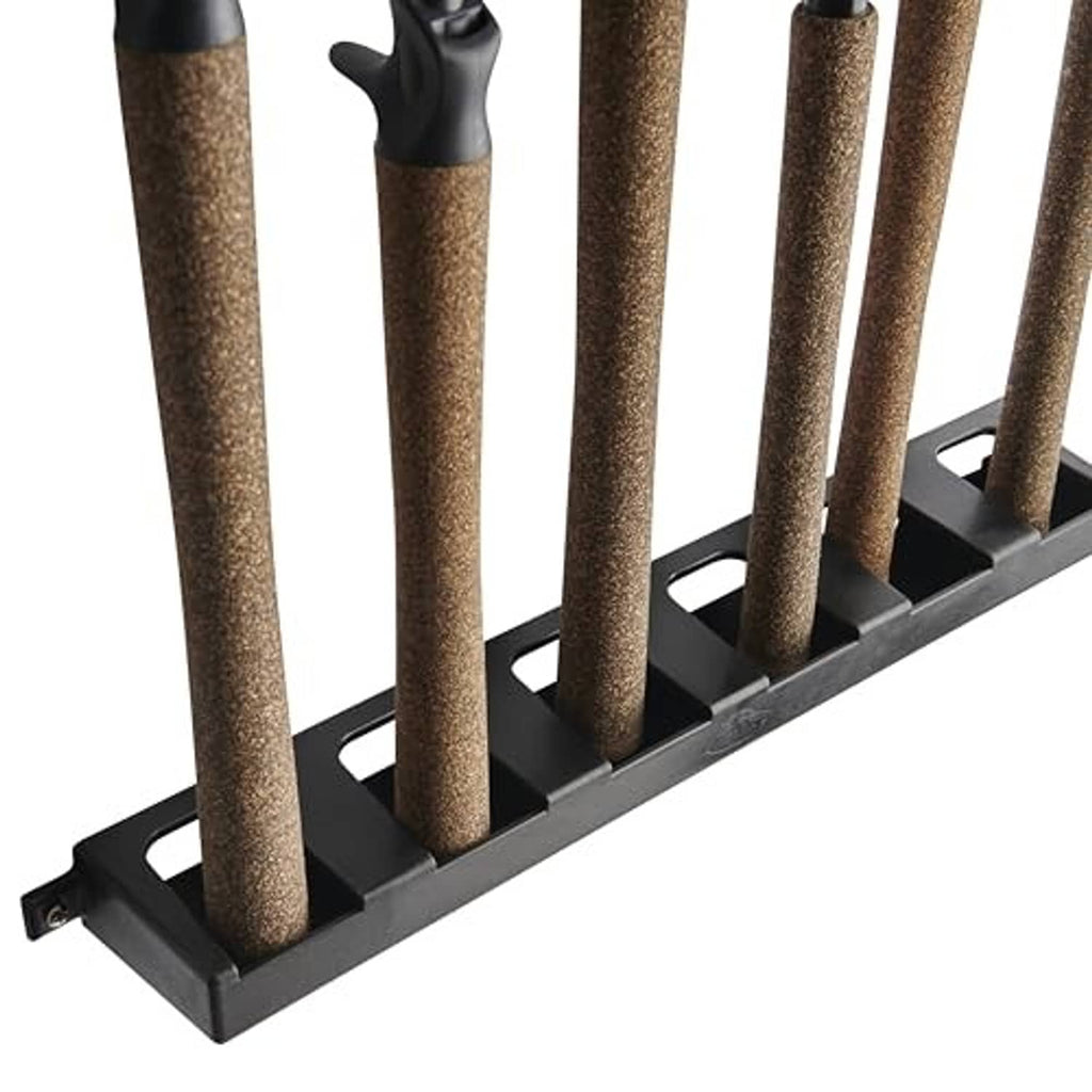 Black rack base with six open rod channels and cushioned supports.