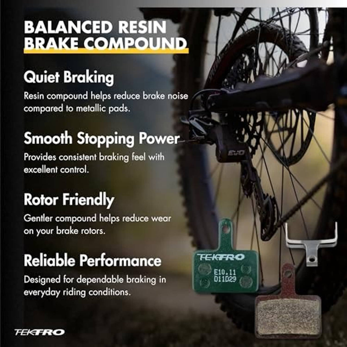 Resin disc brake pads promotional graphic with two pads in front of bicycle wheel