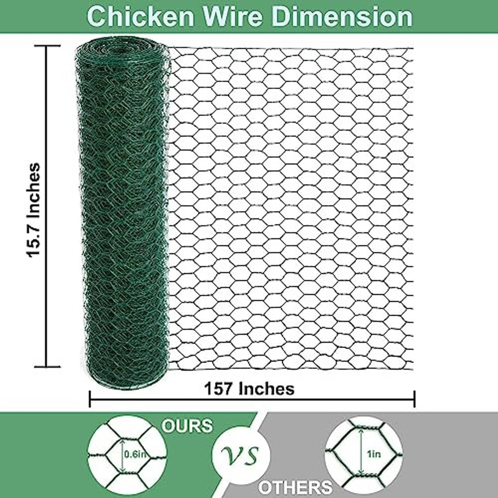 Green chicken wire roll with hexagonal mesh pattern and size markings on graphic