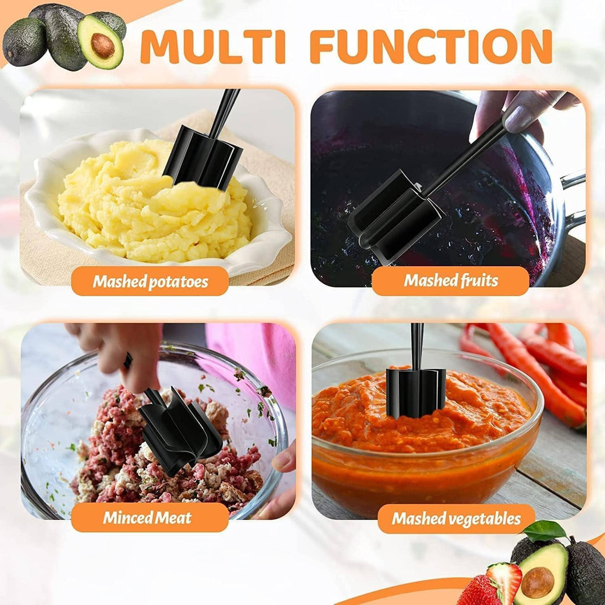 Black multi-function masher tool with interchangeable head pieces for food prep