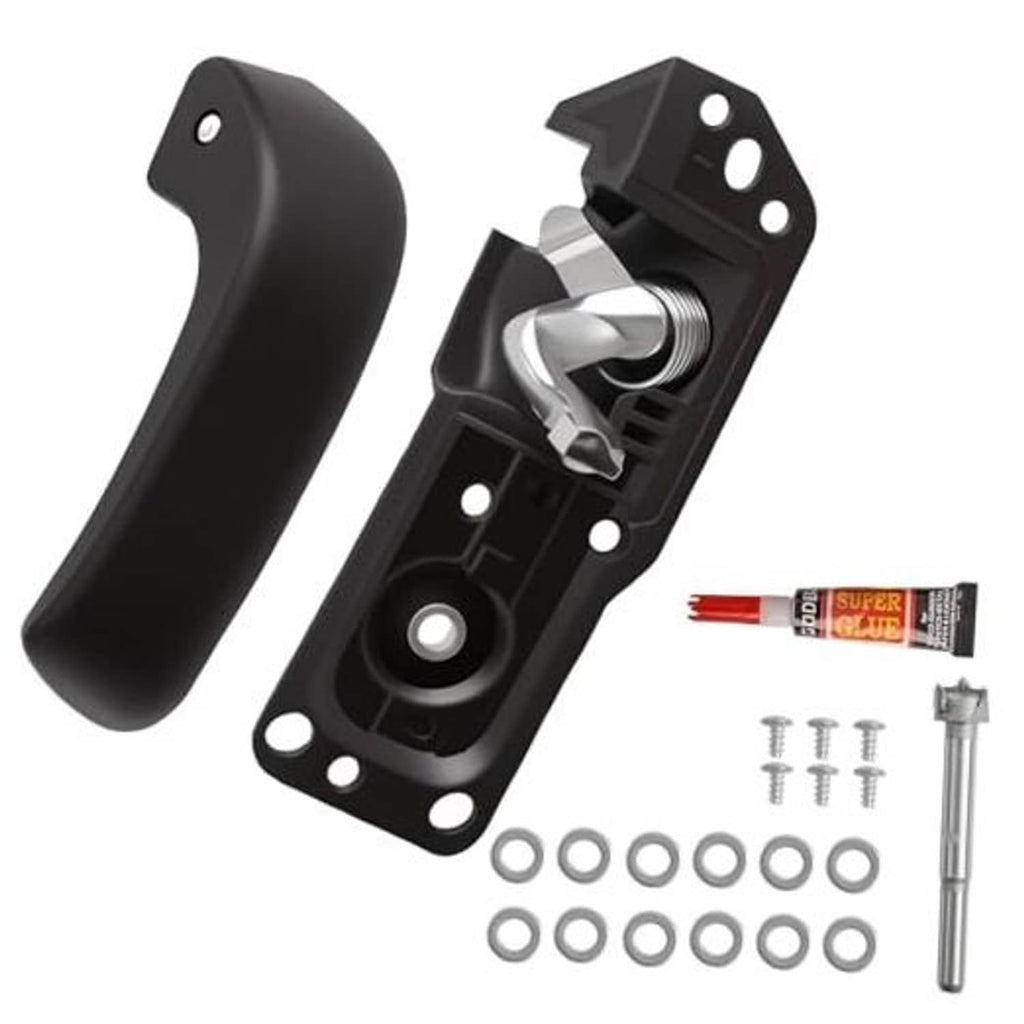 Black inside door handle with mounting bracket and hardware kit, front driver-side