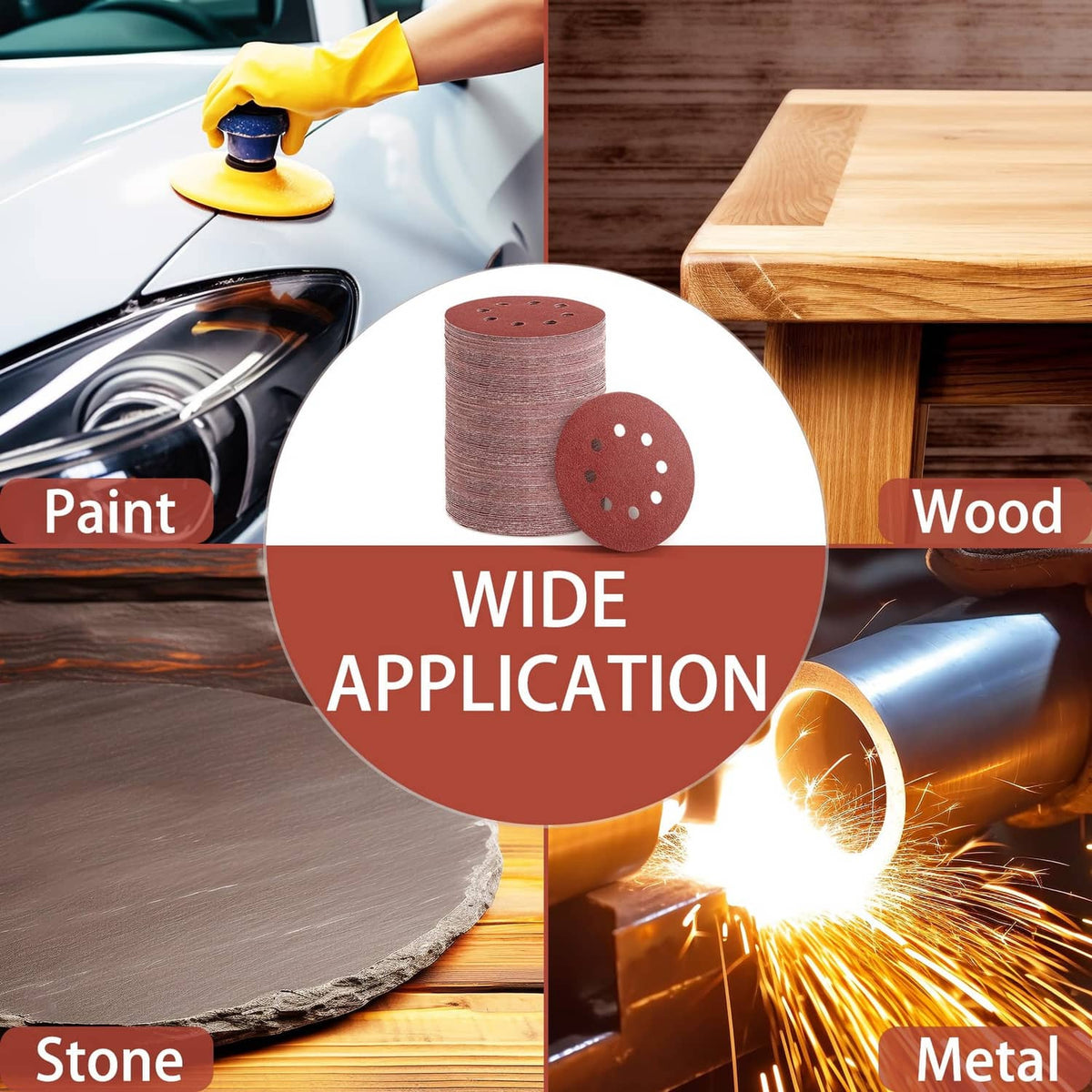 Sanding discs for paint, wood, stone, and metal—round pads with dust holes