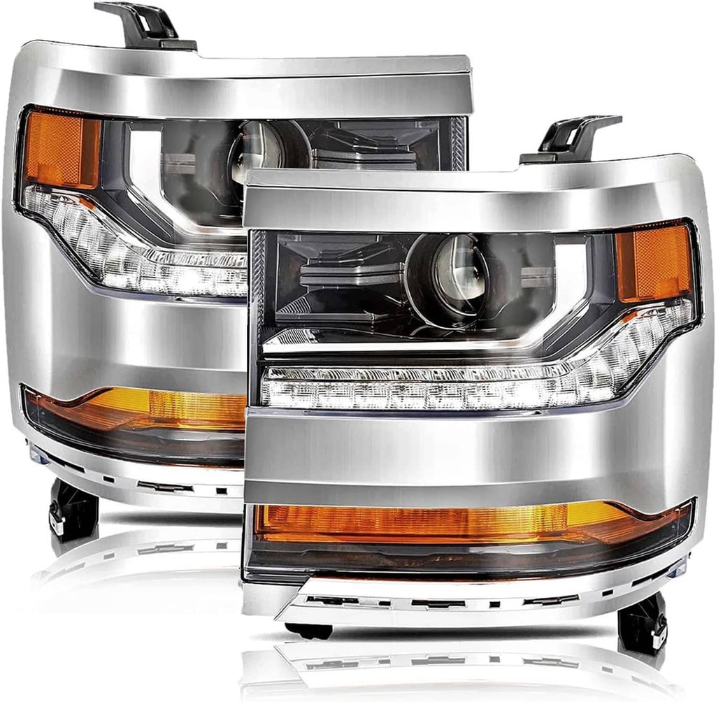 Pair of front headlights with clear lenses, amber side markers, and projector beam optics