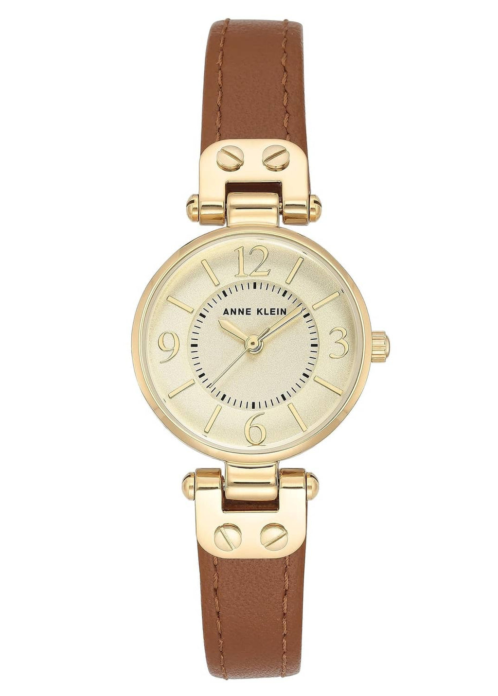 Women's gold-tone watch with champagne dial and brown leather strap