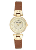 Women's gold-tone watch with champagne dial and brown leather strap