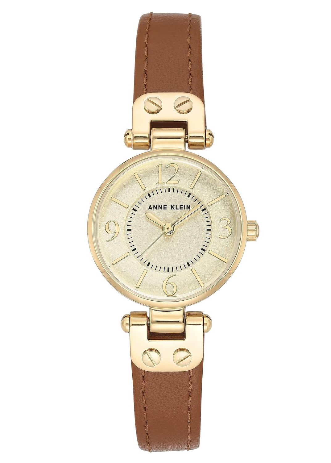 Women's gold-tone watch with champagne dial and brown leather strap