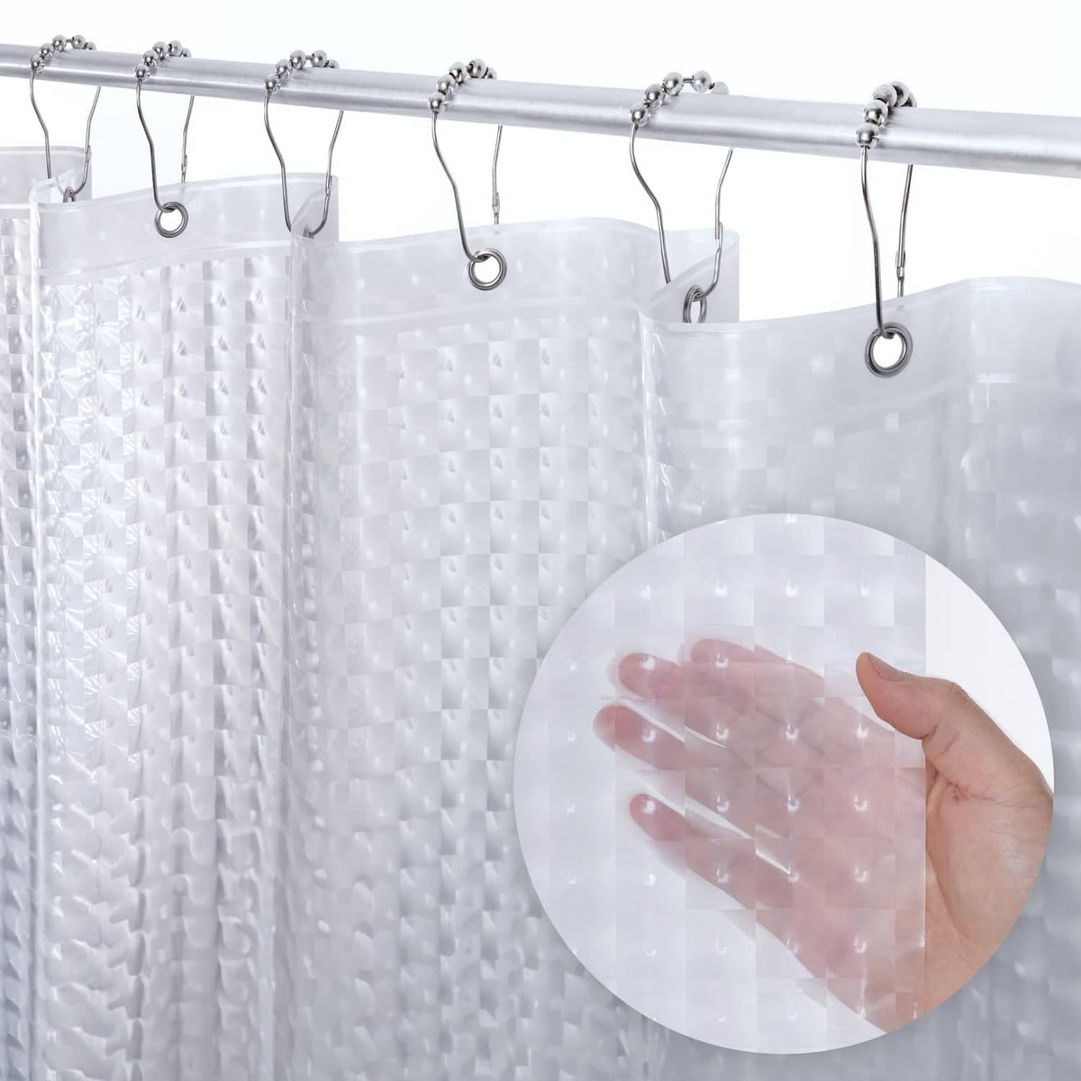 Clear PEVA shower curtain liner with beaded eyelet hooks and smooth textured sheen