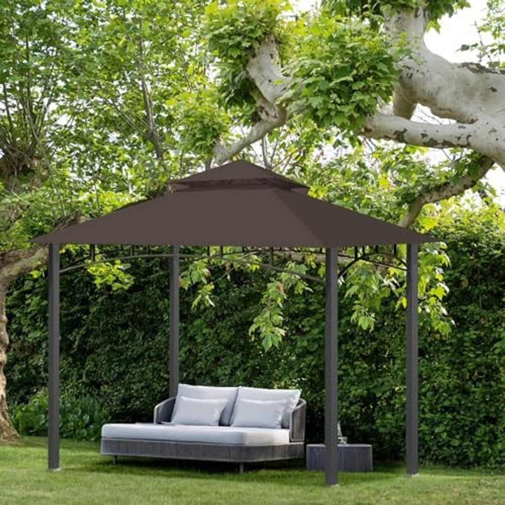 Dark brown canopy top on outdoor gazebo above garden seating