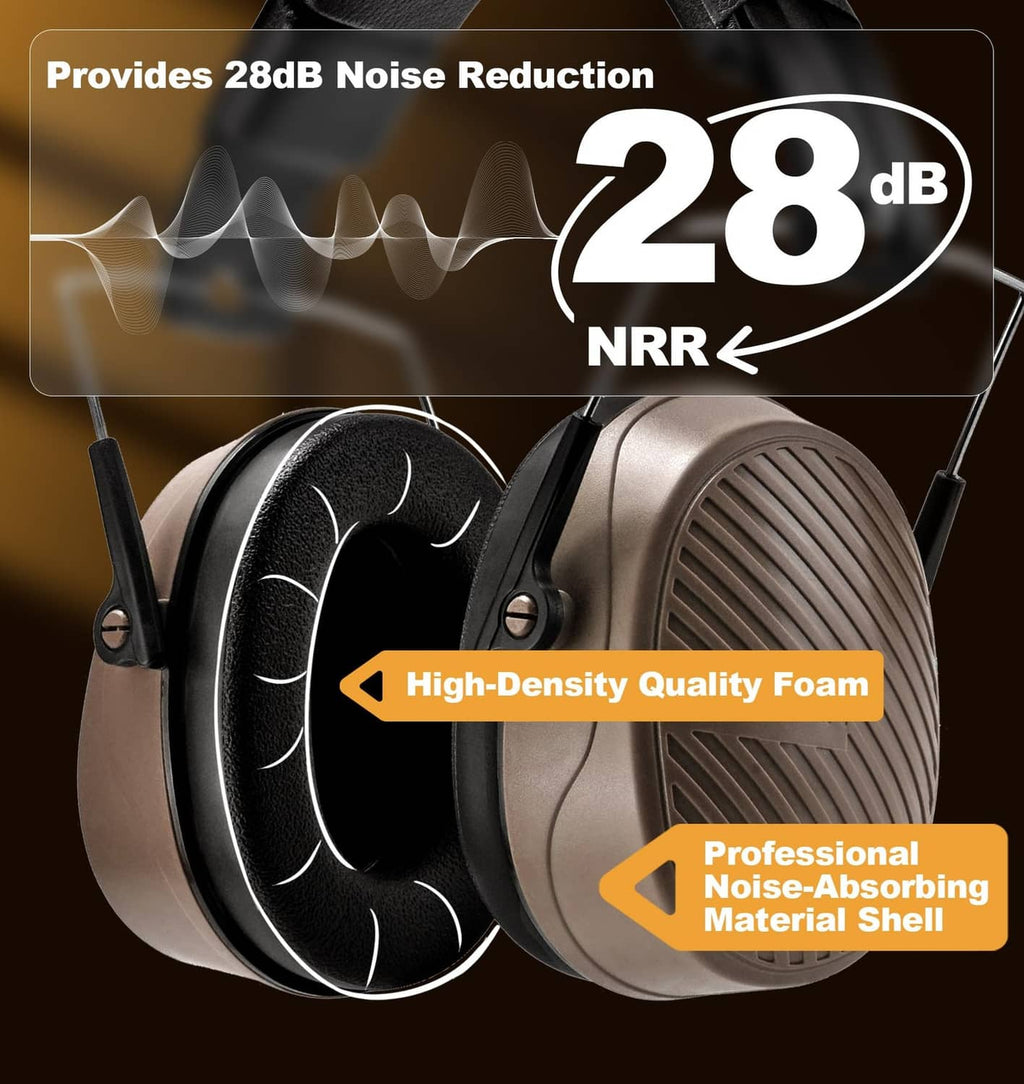 Over-ear safety earmuffs with high-density foam ear cushions and protective shell