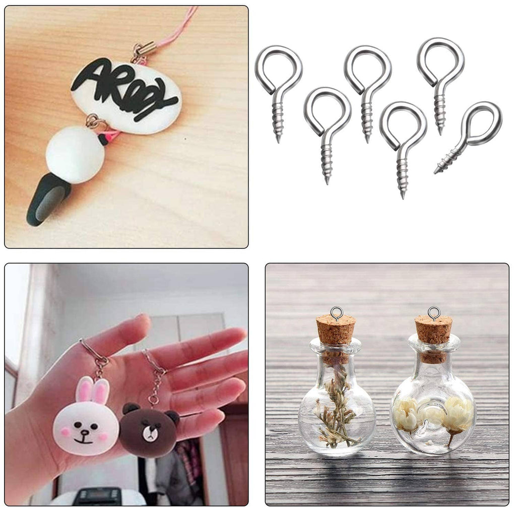 Mini metal eye screw hooks shown arranged for use, with looped eye and screw thread