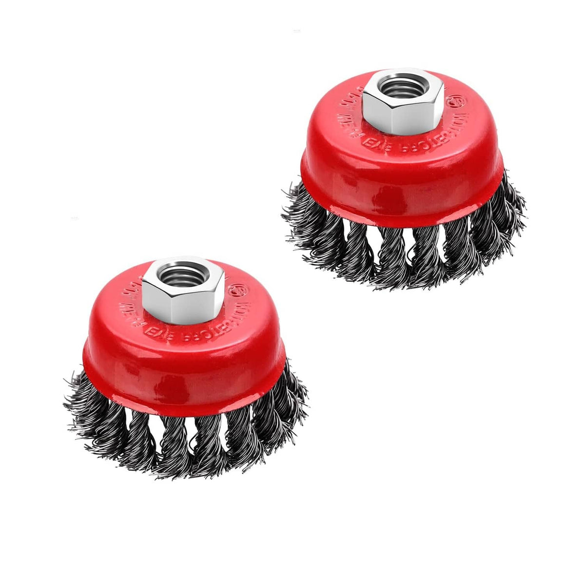Red wire cup brush heads with threaded mounting nut, 2-pack set