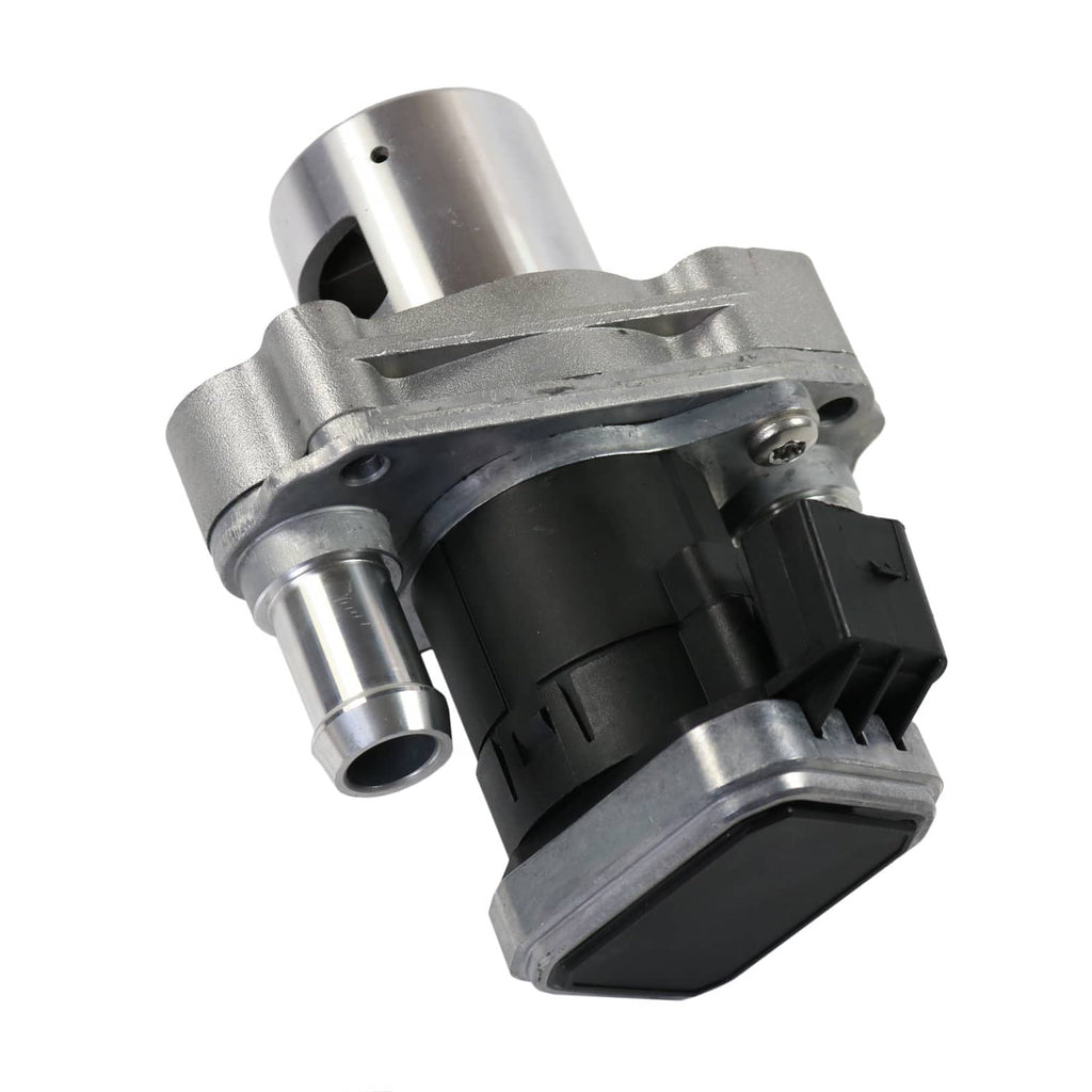 EGR valve close-up showing black electrical connector on silver metal body