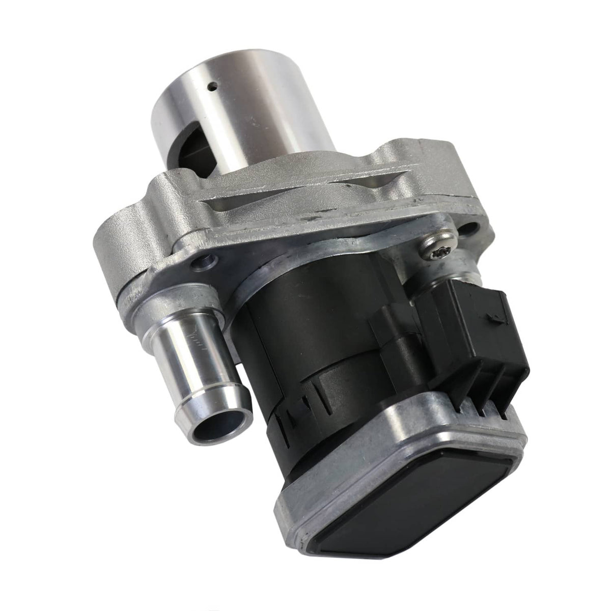 EGR valve close-up showing black electrical connector on silver metal body