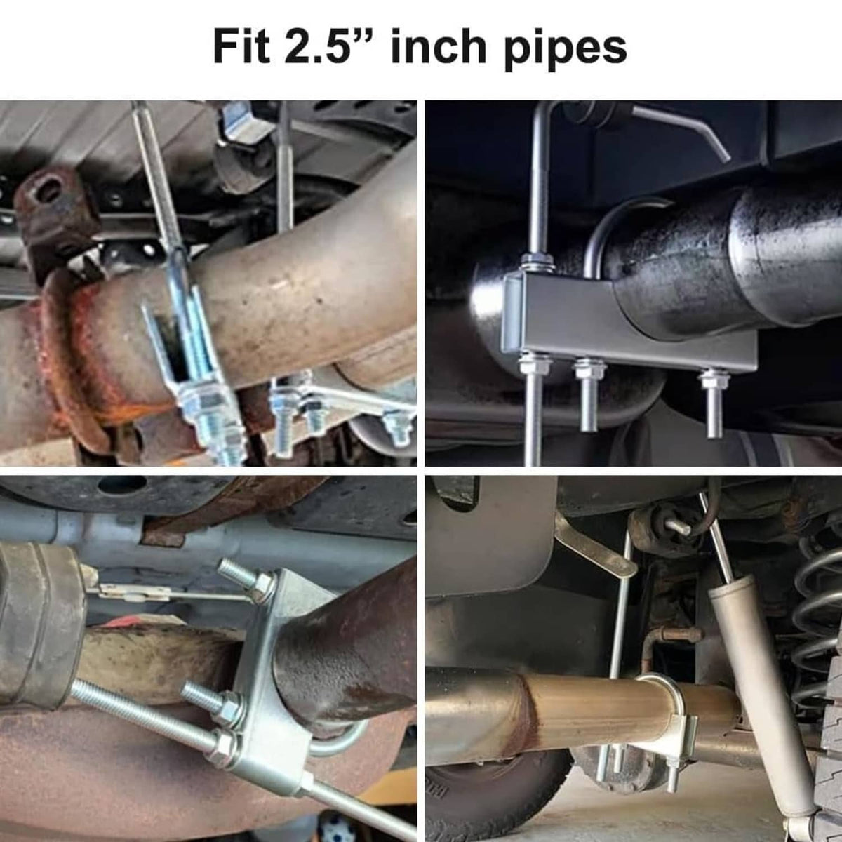 Exhaust clamp hanger rods installed on 2.5" exhaust pipes with rubber isolators