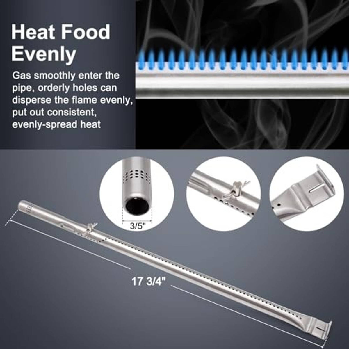 Stainless burner heat tube with evenly spaced holes for gas grill replacement