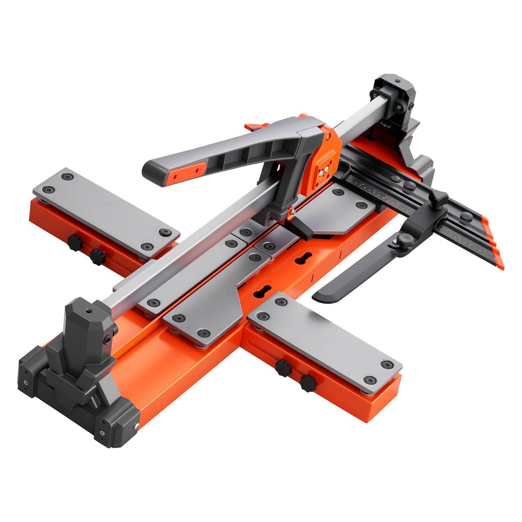 Manual tile cutter with orange base, extended guides, spring bar, and angled scoring head