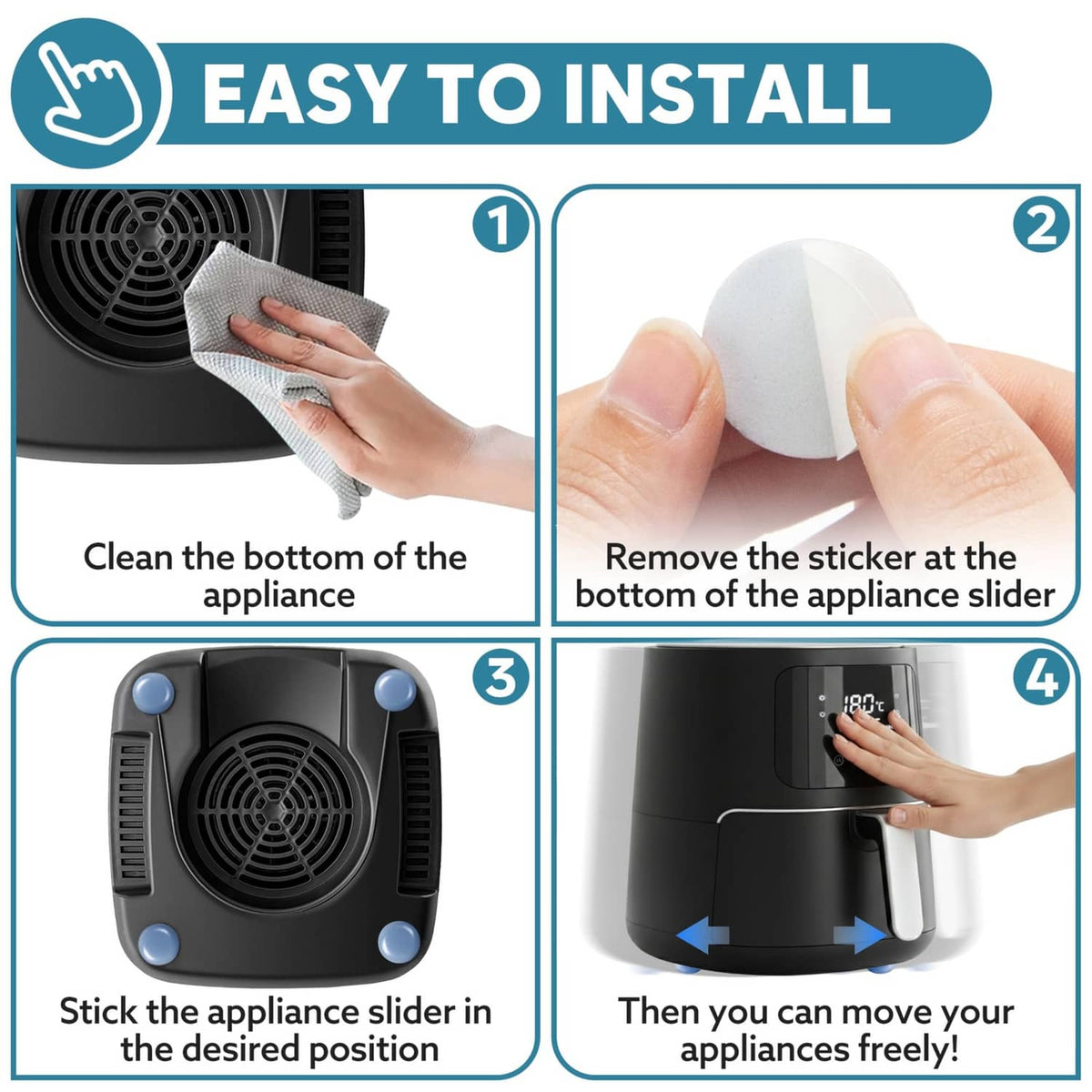 Installing grey appliance slider: peel and stick pad to appliance bottom