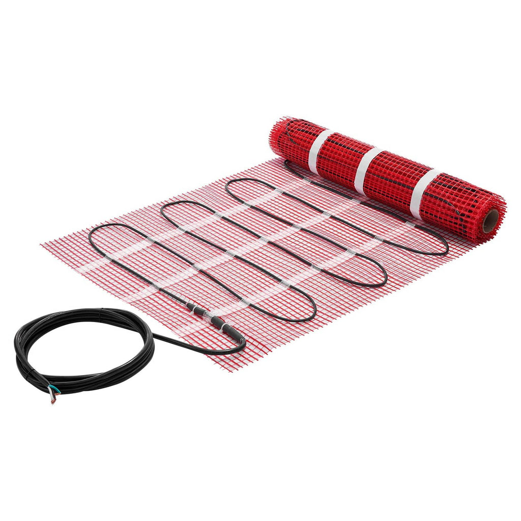 Self-adhesive radiant floor heating mat with red mesh, tubing loops, and power cable