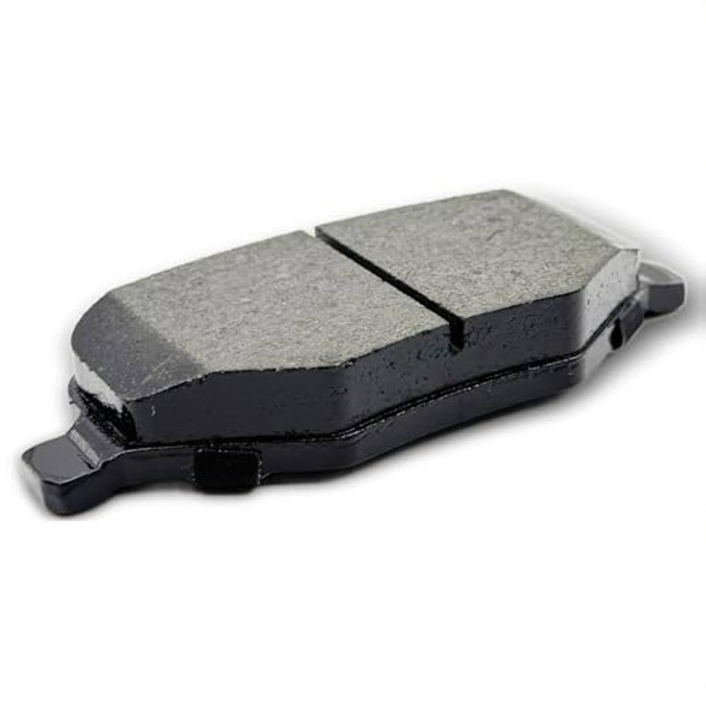 Ceramic brake pad with gray friction material and black backing, side profile view