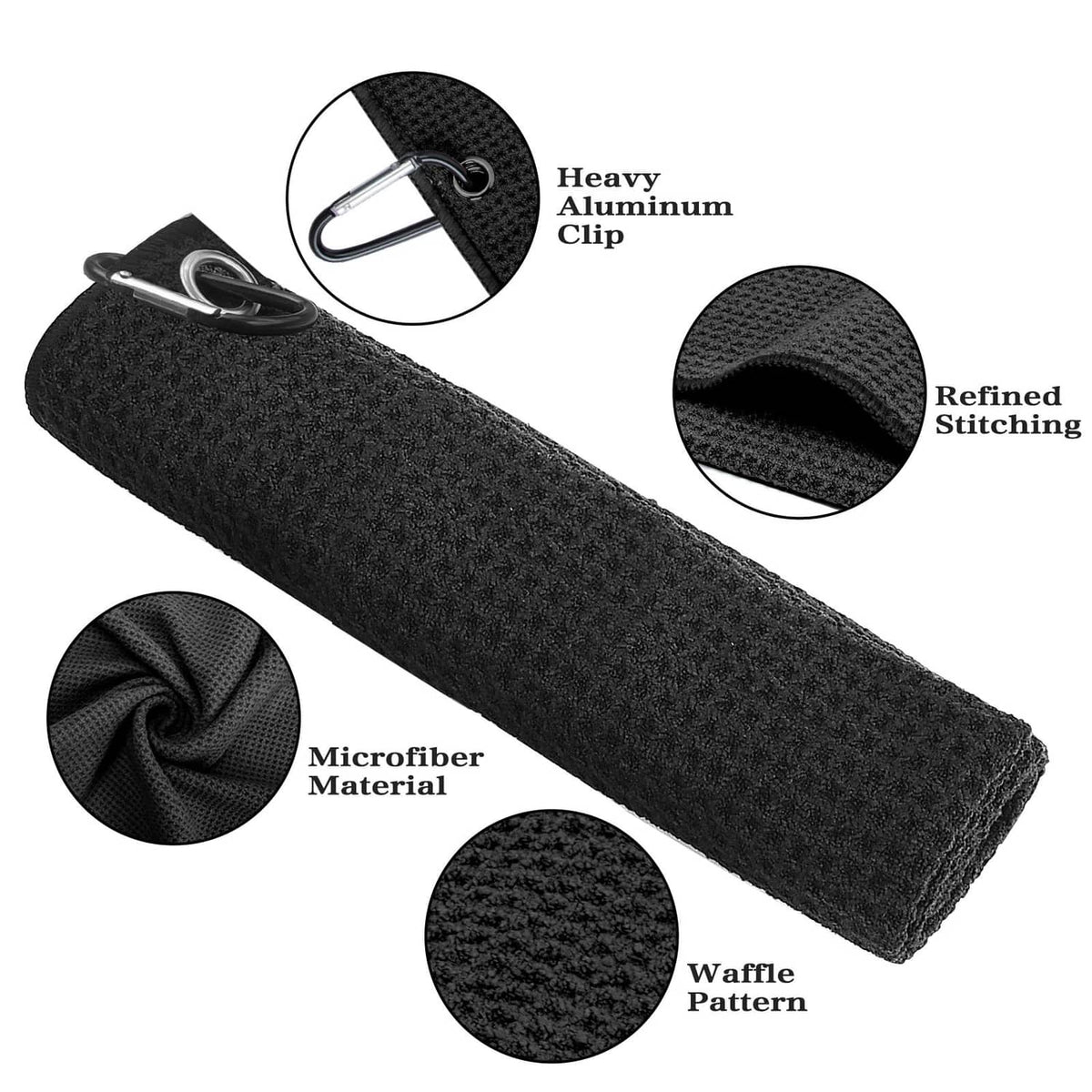 Seticek waffle golf towel roll with heavy aluminum clip, dark textured fabric