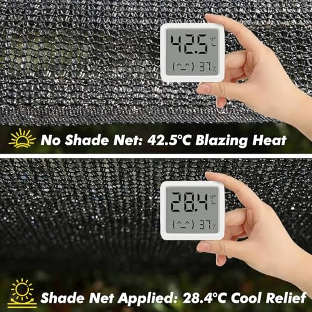 Black shade net with small square mesh, thermometer display over fabric