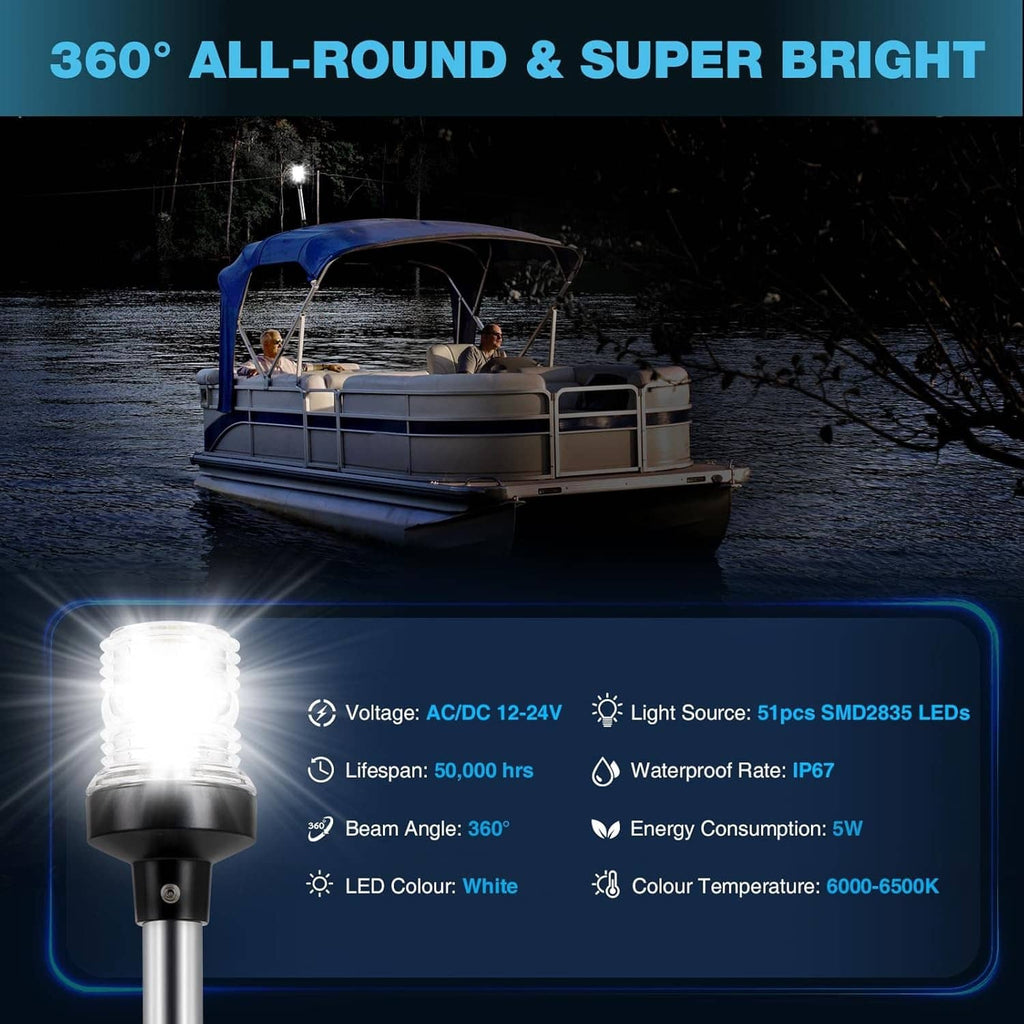 Boat stern anchor light pole with bright white lamp head mounted on a boat