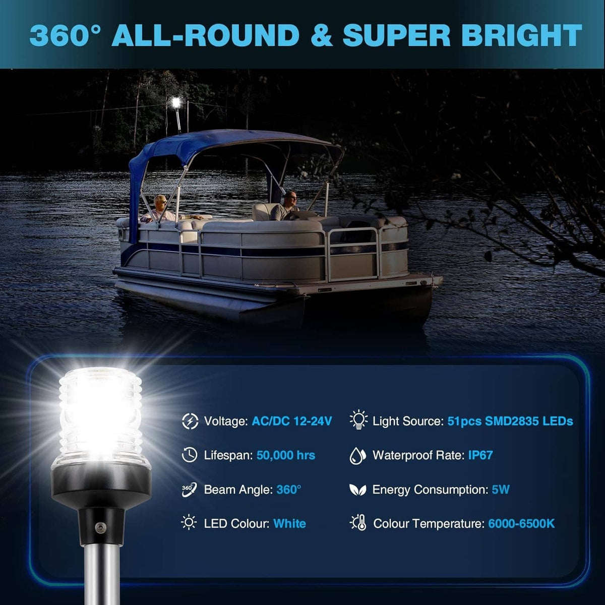 Boat stern anchor light pole with bright white lamp head mounted on a boat
