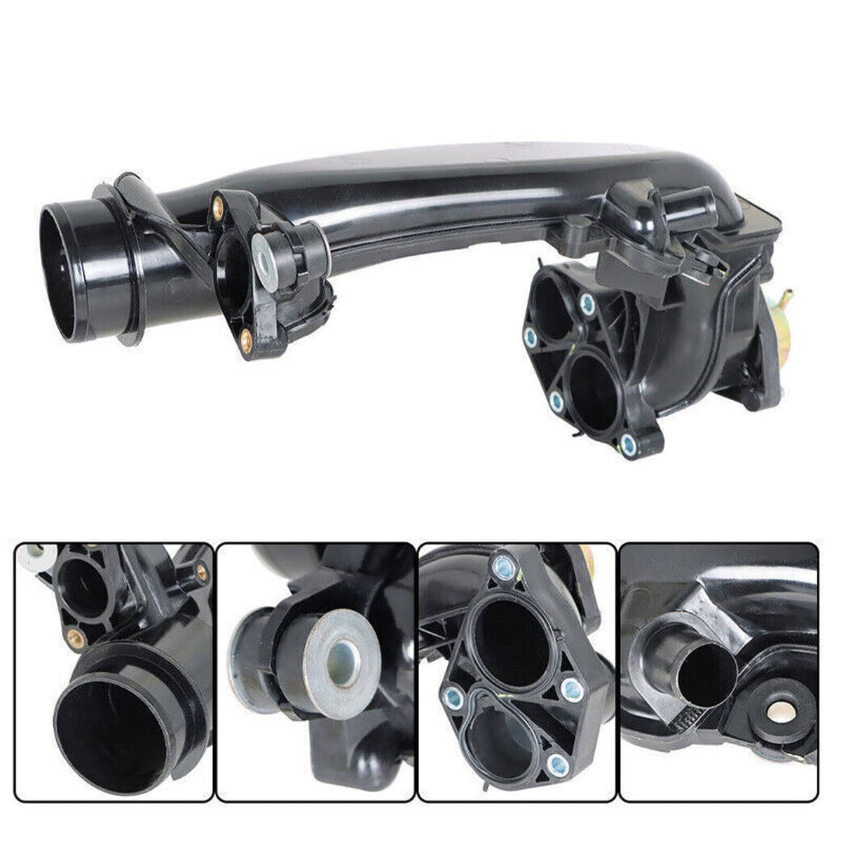 Black charge air pipe joint assembly with turbo inlet and mounting flange details