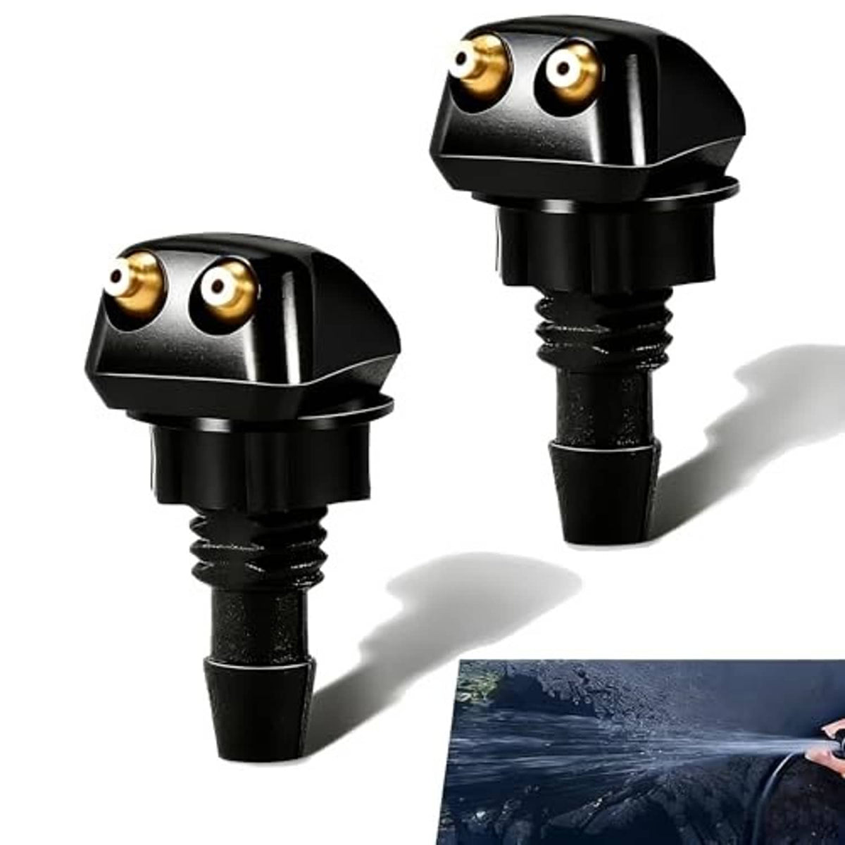 Two black windshield washer nozzles angled view with dual brass ports
