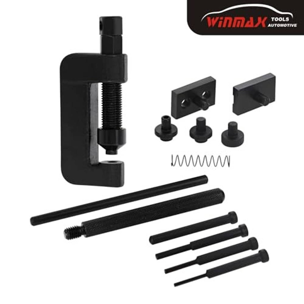 Black chain breaker riveter press with pins, spacers, and spring components