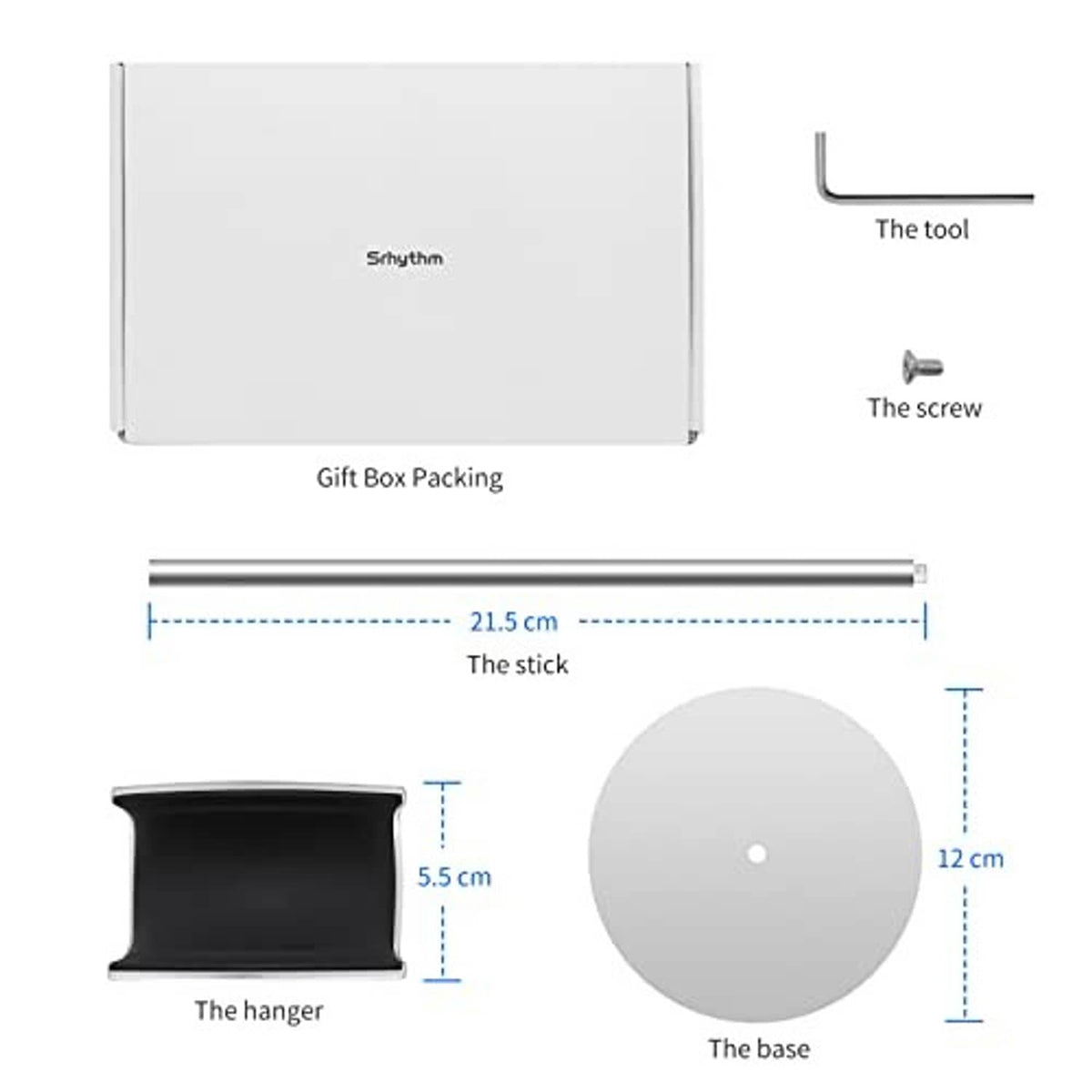Headphone stand parts diagram with stick, circular base, and hanger piece