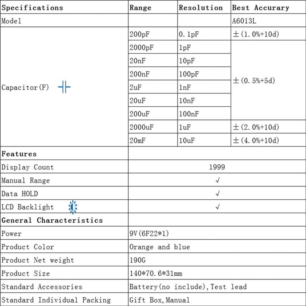 Capacitor tester specifications table listing ranges, resolution, and accuracy for A6013L