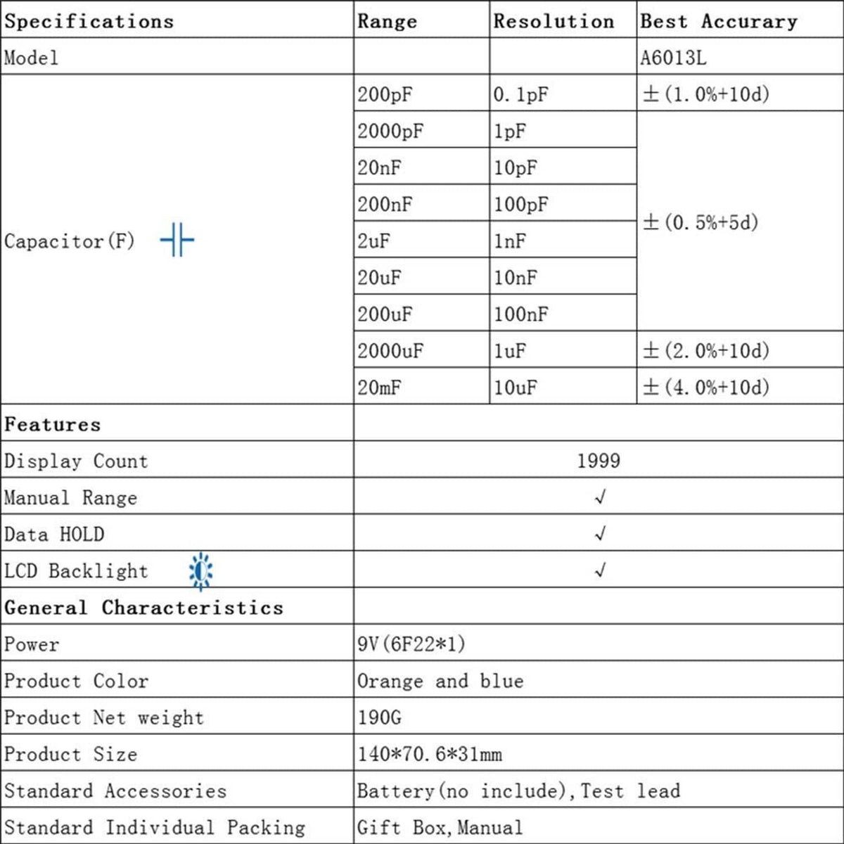 Capacitor tester specifications table listing ranges, resolution, and accuracy for A6013L