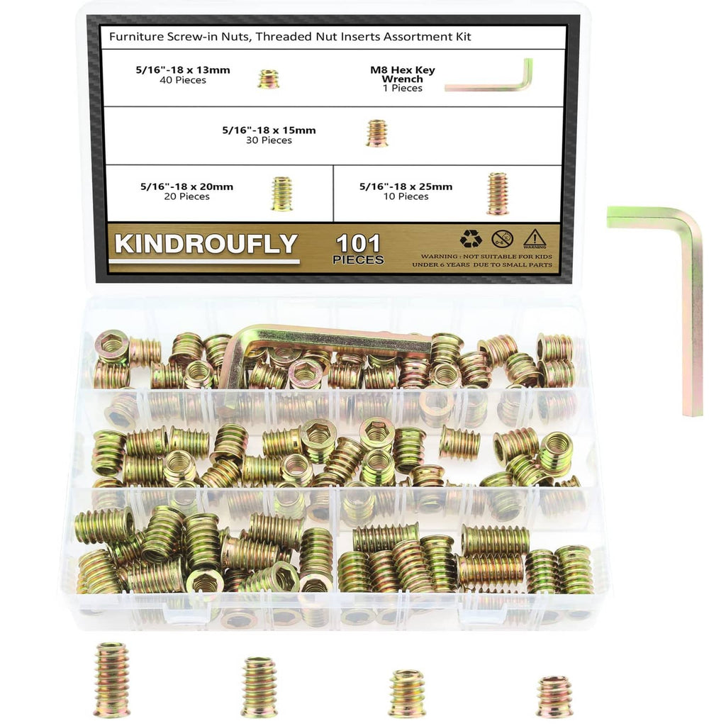 Zinc-plated steel threaded nut inserts kit with clear box, loose inserts, and hex key