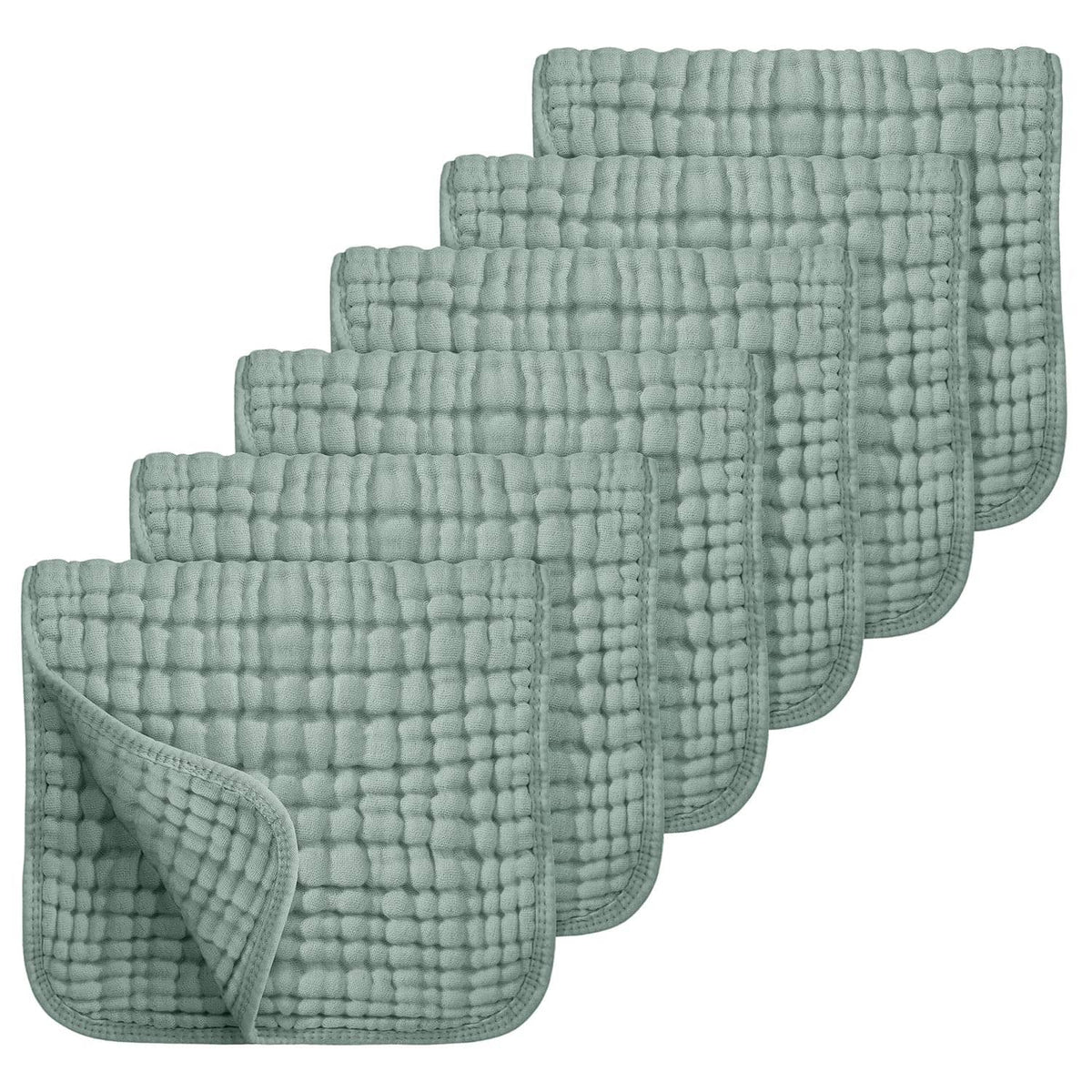 6-pack muslin burp cloths in sage green, folded stack with textured cotton weave surface