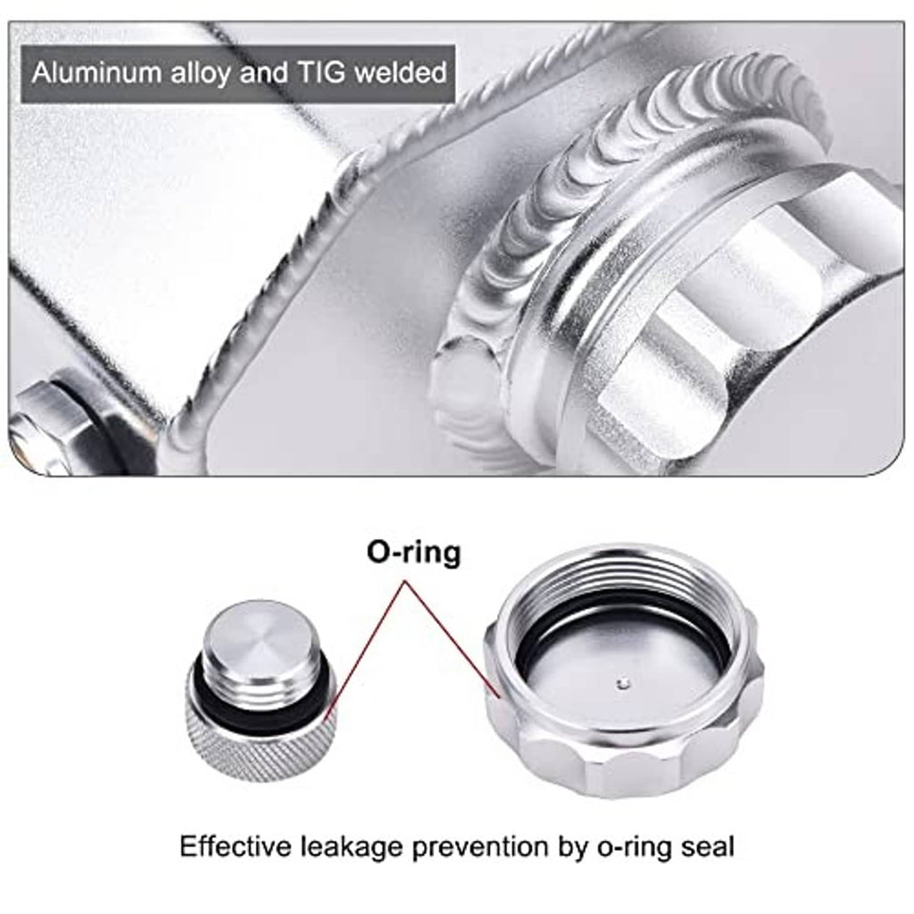 Aluminum coolant tank cap with O-ring seal and threaded opening, silver