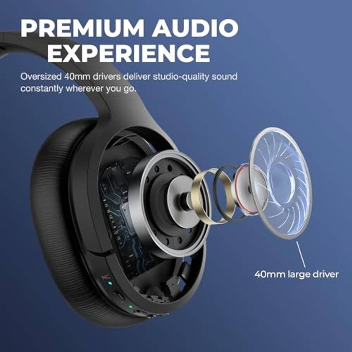 Black over-ear headphones with opened earcup showing a speaker driver